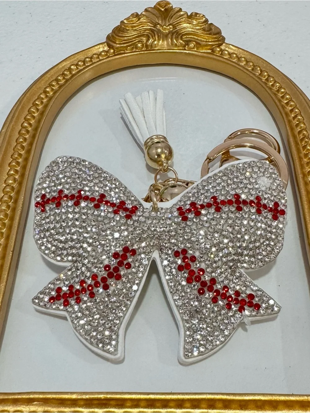 New Crystal Baseball Bow Keychain with Red Accent and White Tassel